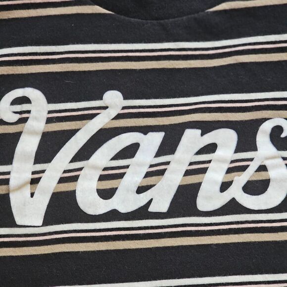 Vans Women’s Baby T Shirt Striped Logo Black White Beige Size XS - Picture 2 of 3